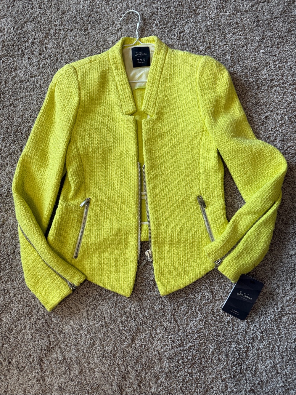 Zara Lemon Lime Bouclé Zip-Front Jacket